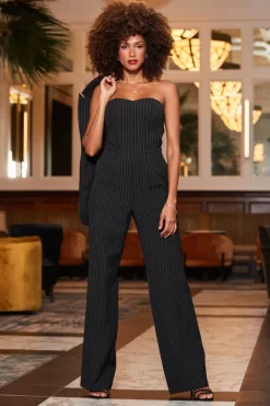Black & White Pinstripe Wide Leg Bandeau Jumpsuit 9 Black & White Pinstripe Wide Leg Bandeau Jumpsuit -Trendora Shop web 2310 54 a23jw005bk0001 54 002