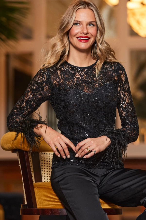Black Lace & Embellished Feather Trim Top 1 Black Lace & Embellished Feather Trim Top