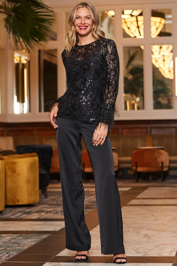 Black Lace & Embellished Feather Trim Top 5 Black Lace & Embellished Feather Trim Top - Image 5