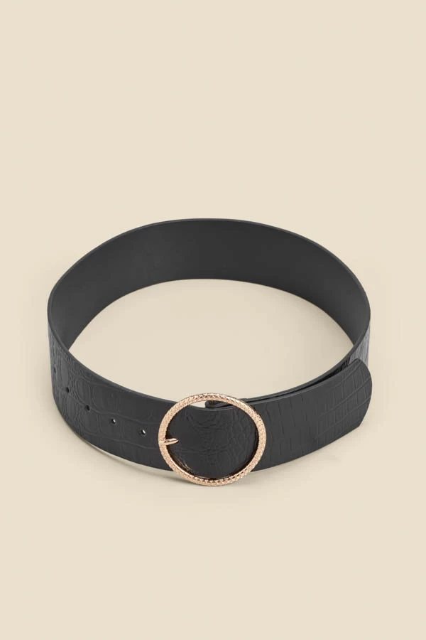 Black Croc Leather Belt With Round Buckle 2 Black Croc Leather Belt With Round Buckle - Image 2