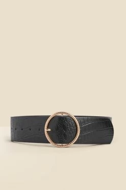 Black Croc Leather Belt With Round Buckle