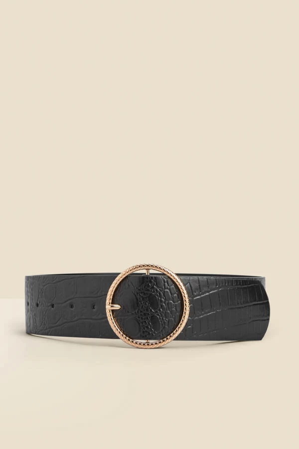 Black Croc Leather Belt With Round Buckle 1 Black Croc Leather Belt With Round Buckle