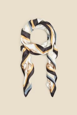 White Chain Print Satin Scarf With Border