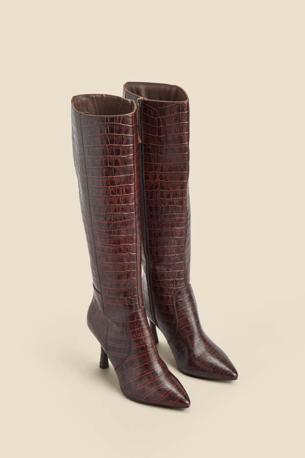 Chocolate Brown Croc Leather Knee High Boot 2 Chocolate Brown Croc Leather Knee High Boot - Image 2