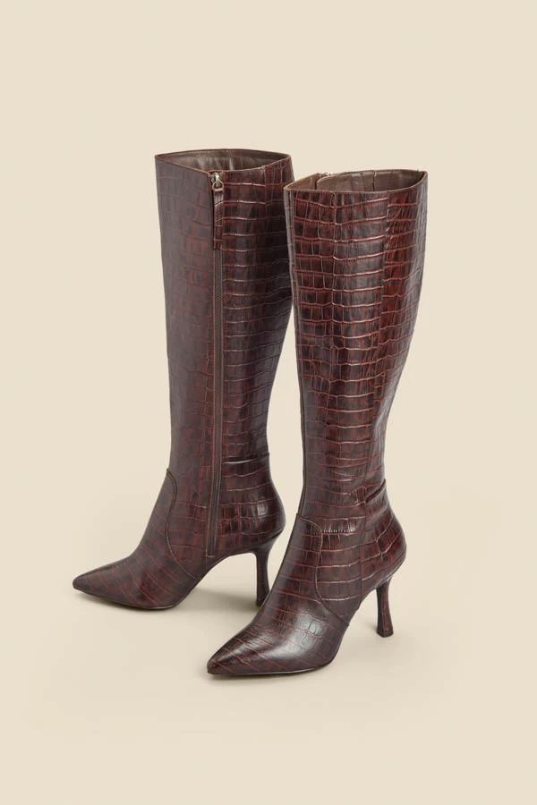 Chocolate Brown Croc Leather Knee High Boot 3 Chocolate Brown Croc Leather Knee High Boot - Image 3