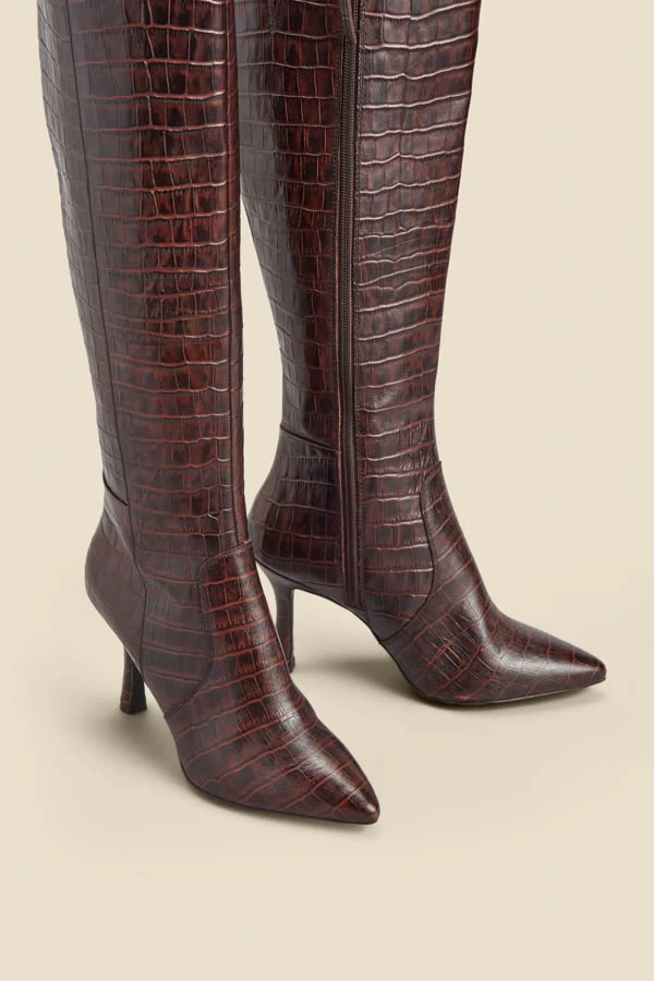 Chocolate Brown Croc Leather Knee High Boot 4 Chocolate Brown Croc Leather Knee High Boot - Image 4