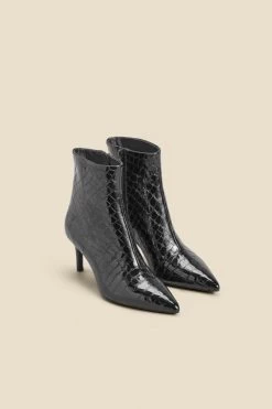 Black Croc Leather Mid Heel Ankle Boot -Trendora Shop web 2310 box a23fw021bk0001 b