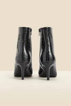 Black Croc Leather Mid Heel Ankle Boot -Trendora Shop web 2310 box a23fw021bk0001 d