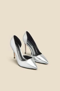 Silver Leather Cut Out Detail Stiletto Heel Court Shoes