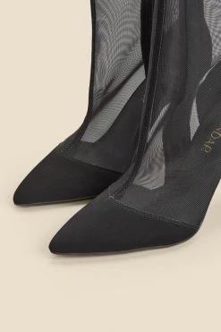 Black Suede Stiletto With Mesh Panel Ankle Boot -Trendora Shop web 2310 box a23fw074bk0001 c