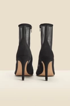 Black Suede Stiletto With Mesh Panel Ankle Boot -Trendora Shop web 2310 box a23fw074bk0001 d