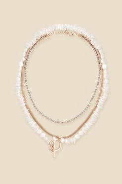 Gold Triple Layer Diamante & Pearl Toggle Detail Necklace