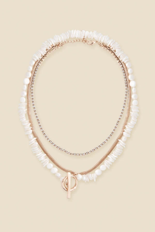 Gold Triple Layer Diamante & Pearl Toggle Detail Necklace 1 Gold Triple Layer Diamante & Pearl Toggle Detail Necklace