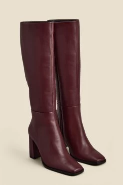 Burgundy Leather Square Toe Block Heel Knee High Boot