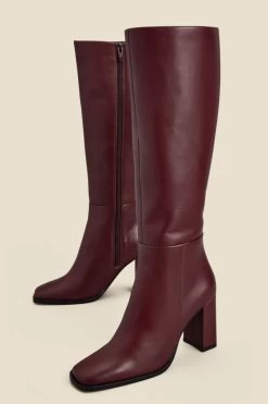 Burgundy Leather Square Toe Block Heel Knee High Boot -Trendora Shop web 2311 box a23fw029rd0011 c rt