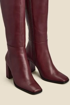 Burgundy Leather Square Toe Block Heel Knee High Boot -Trendora Shop web 2311 box a23fw029rd0011 d rt