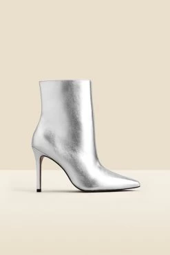 Silver Leather Pointed Toe Ankle Boot
