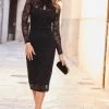 Black Luxe Lace Twist Neck Detail Pencil Jersey Dress
