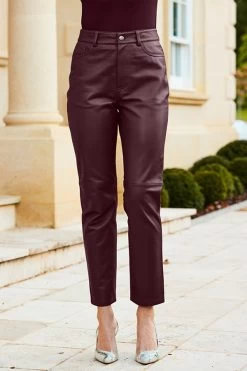 Wine Leather Straight Leg Trousers -Trendora Shop web 31 a22bl020rd0011 413