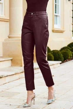Wine Leather Straight Leg Trousers -Trendora Shop web 31 a22bl020rd0011 421