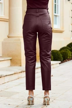 Wine Leather Straight Leg Trousers -Trendora Shop web 31 a22bl020rd0011 457