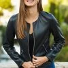 Black Zip Front Round Neck Faux Leather Jacket