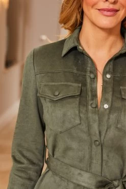 Khaki Green Faux Suede Shirt Dress -Trendora Shop web 34 a22dp005gn0002 123 khaki rt2
