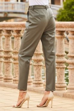 Khaki Green Leather Look D Ring Belted Trousers -Trendora Shop web 34 s20bp001gn0005 s22tj158we0001 131