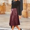 Burgundy Leather Look Panelled A-Line Midi Skirt