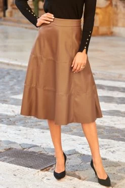 Tan Faux Leather Panelled A-Line Midi Skirt -Trendora Shop web 35 s20sp002 a20tk001bk 185