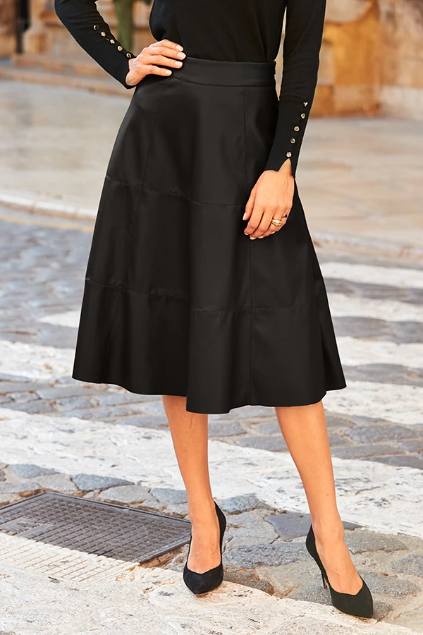 Black Leather Look Panelled A-Line Midi Skirt 2 Black Leather Look Panelled A-Line Midi Skirt - Image 2