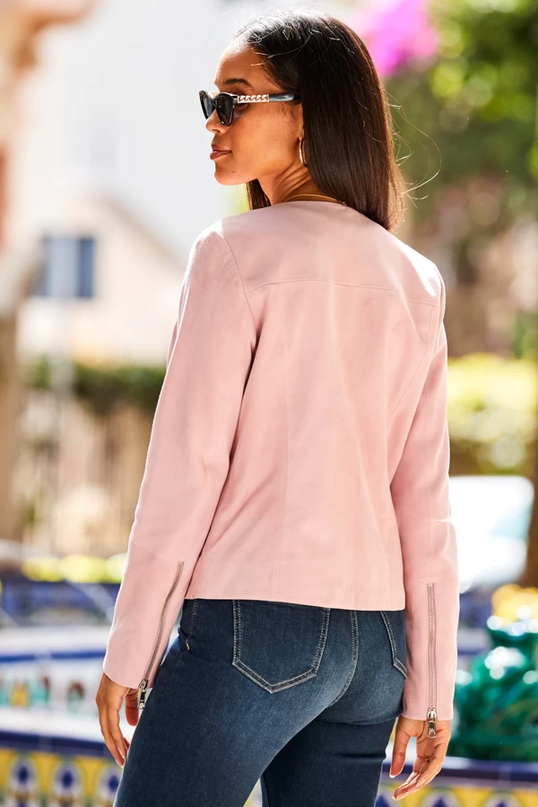 Soft Pink Zip Front Round Neck Suede Jacket 3 Soft Pink Zip Front Round Neck Suede Jacket - Image 3