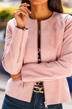 Soft Pink Zip Front Round Neck Suede Jacket 10 Soft Pink Zip Front Round Neck Suede Jacket -Trendora Shop web 37 s23tj068pian01 s21ol004pk0004 190