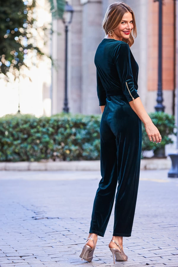 Emerald Green Velvet Zip Detail Wrap Jumpsuit 3 Emerald Green Velvet Zip Detail Wrap Jumpsuit - Image 3