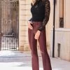 Burgundy Faux Leather Button Front Kick Flare Trousers