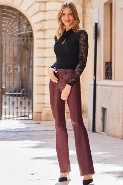 Burgundy Faux Leather Button Front Kick Flare Trousers