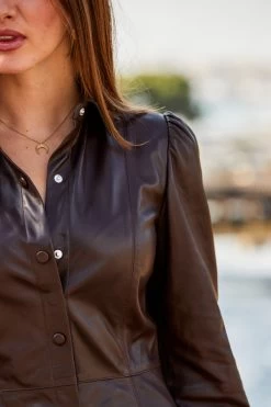 Chocolate Brown Leather Popper Front Shirt Dress -Trendora Shop web 44 s23dl002pt0004 170