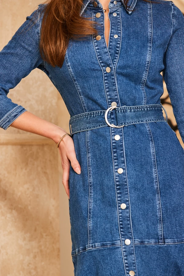 Indigo Blue Fluted Hem Belted Denim Dress 5 Indigo Blue Fluted Hem Belted Denim Dress - Image 5