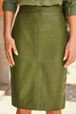 Khaki Green Leather Panelled Pencil Skirt -Trendora Shop web 49 a19sl013gn0002 217