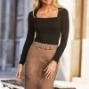 Taupe Suede Buckle Detail Pencil Skirt