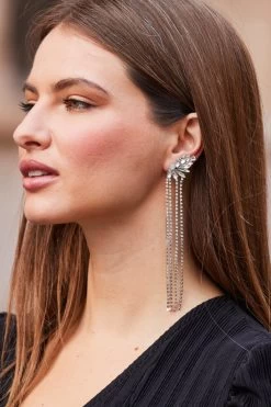 Silver Rhinestone Detail Diamante Drop Earrings