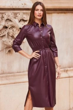 Burgundy Shirred Waist Popper Front Shirt Dress