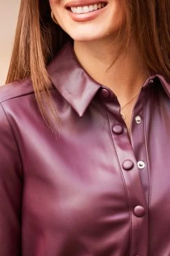 Burgundy Shirred Waist Popper Front Shirt Dress -Trendora Shop web 58 s23dp009rd0004 214