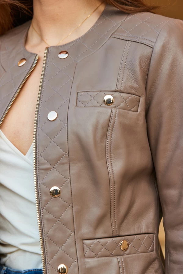 Taupe Quilted Round Neck Leather Jacket With Gold Buttons 5 Taupe Quilted Round Neck Leather Jacket With Gold Buttons - Image 5