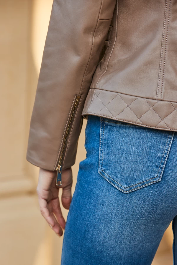 Taupe Quilted Round Neck Leather Jacket With Gold Buttons 6 Taupe Quilted Round Neck Leather Jacket With Gold Buttons - Image 6