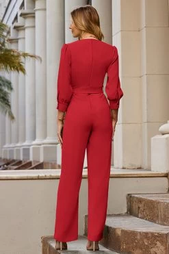 Red Tailored Wrap Front Tie Waist Jumpsuit -Trendora Shop web 68 a22jw006rd0001 132 rc