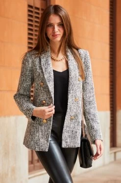 Black & White Boucle Blazer With Gold Buttons