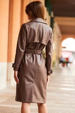 Mocha Brown Faux Leather Belted Trench Coat -Trendora Shop web 71 brown jacket 188
