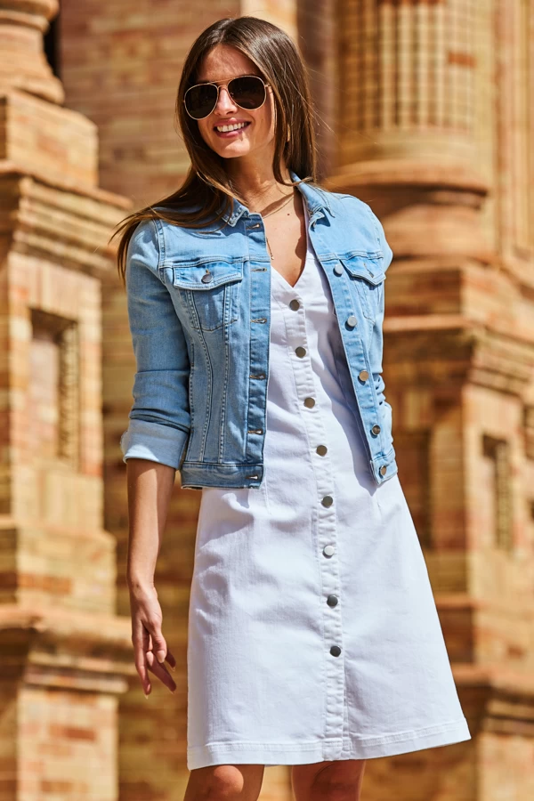 White Silver Button Front Sleeveless Denim Dress 6 White Silver Button Front Sleeveless Denim Dress - Image 6