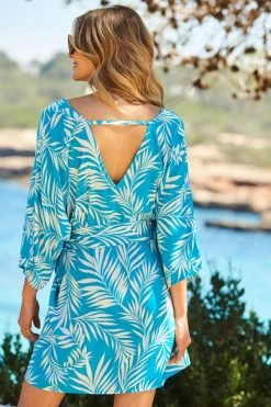 Sky Blue & White Palm Print Tie Waist Beach Dress -Trendora Shop web 76 s22rw022be0027 133